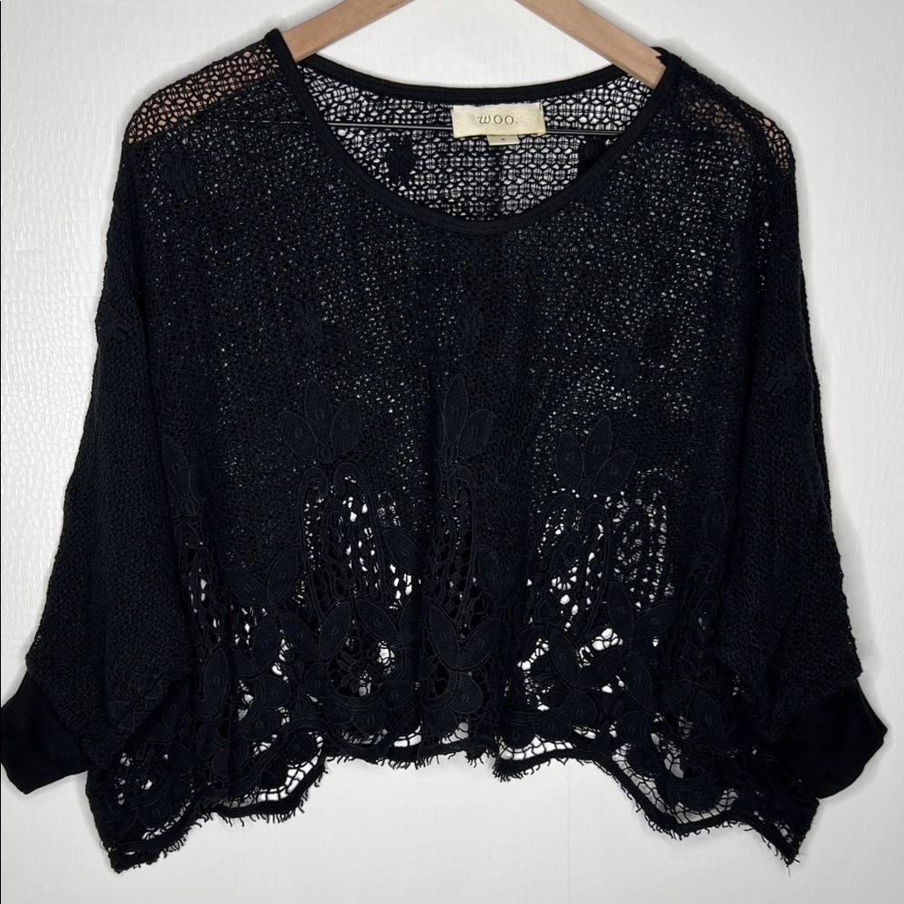 The House of Woo Black Lace Knit Batwing Top